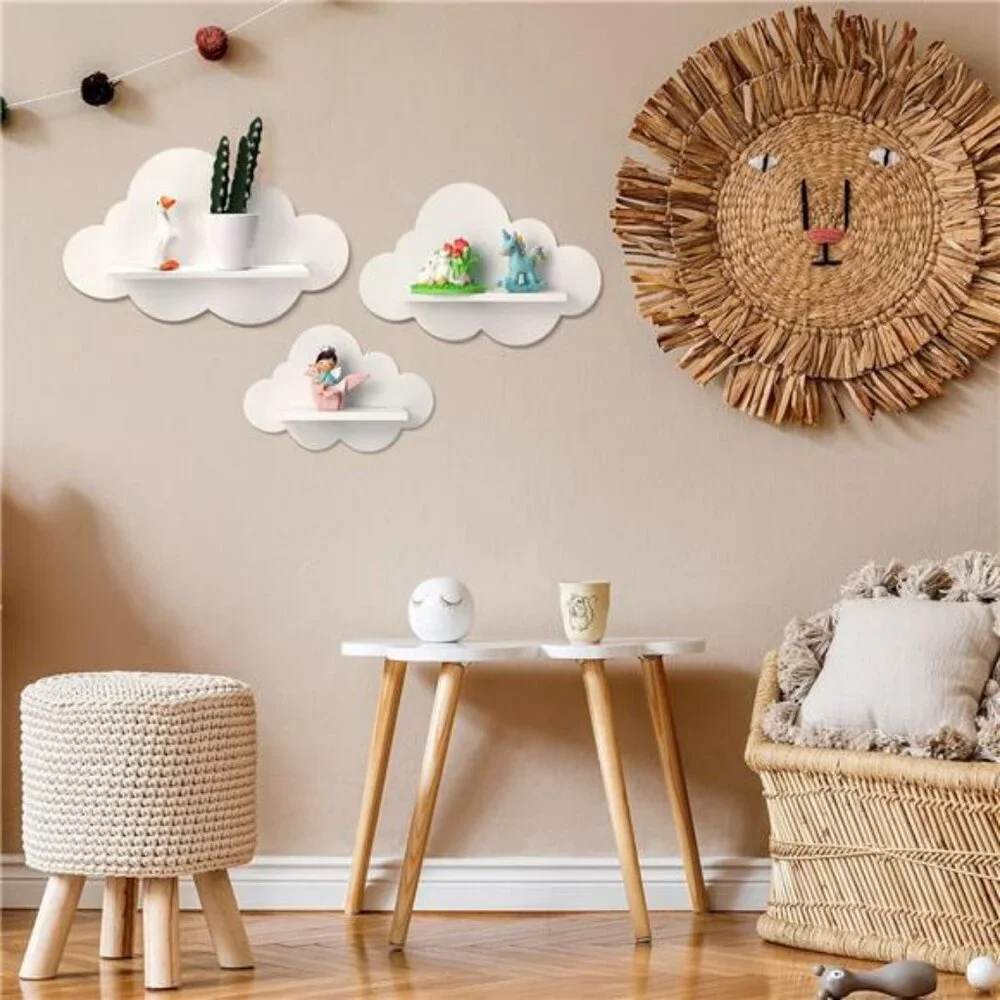 Set of 3 White Cloud Floating Shelves Wall Mounted Nursery Bedroom Bathroom Deco
